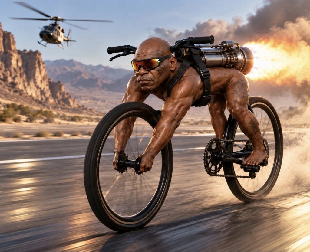 Bike Tyson fitted with a rocket jetpack shooting flames, racing down a desert road as a helicopter chases overhead.