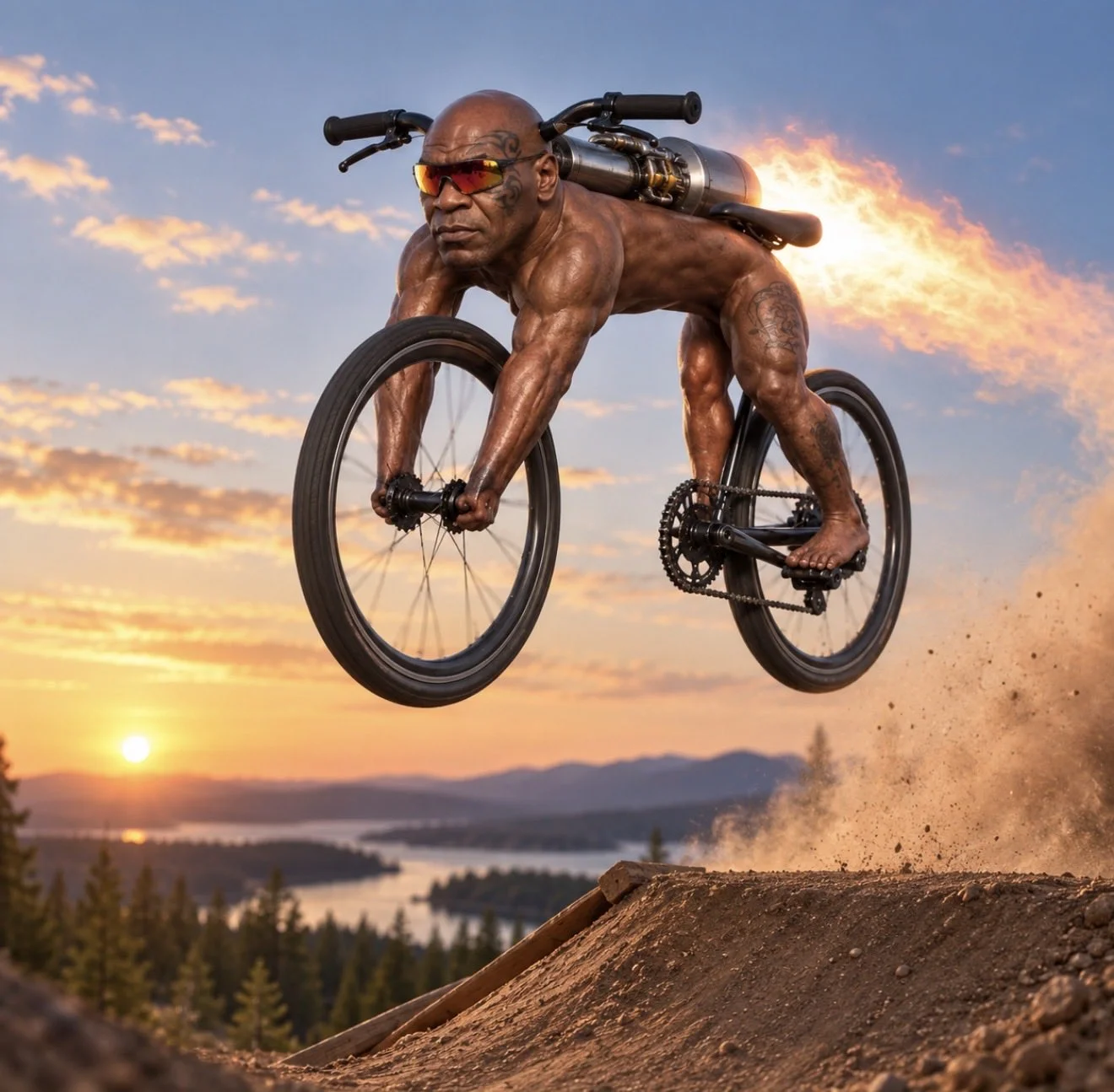 Jetpack-equipped Bike Tyson caught mid-air off a dirt jump ramp at sunset above a lake.