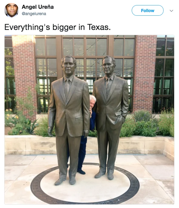 Bill Clinton Between Two Bushes Photograph — Screenshot of the original tweet by Angel Ureña captioned 'Everything's bigger in Texas,' showing Bill Clinton