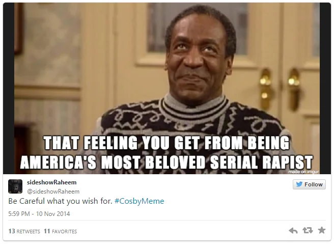 Bill Cosby Rape Allegations — Twitter meme of Bill Cosby captioned America's most beloved serial rapist