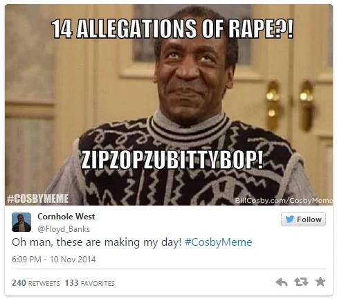 Bill Cosby — Cosby meme tweet with '14 allegations of rape' and gibberish caption