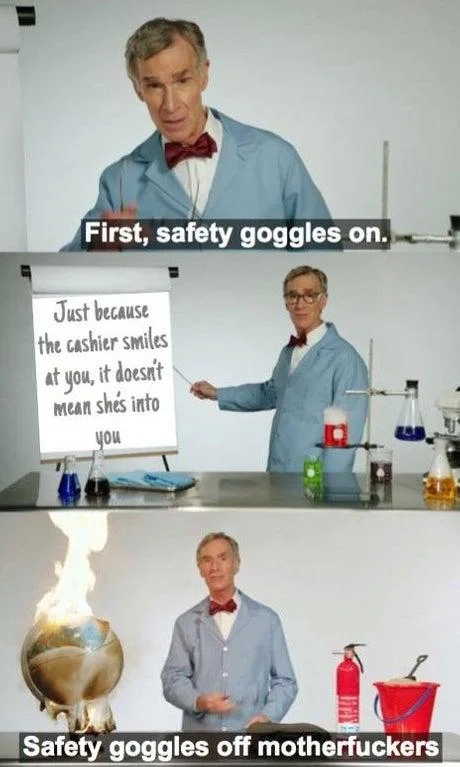 Bill Nye The Planet Is On Fucking Fire Video — A three-panel meme reaction using Bill Nye from Last Week Tonight, progressing from safety goggles on through a