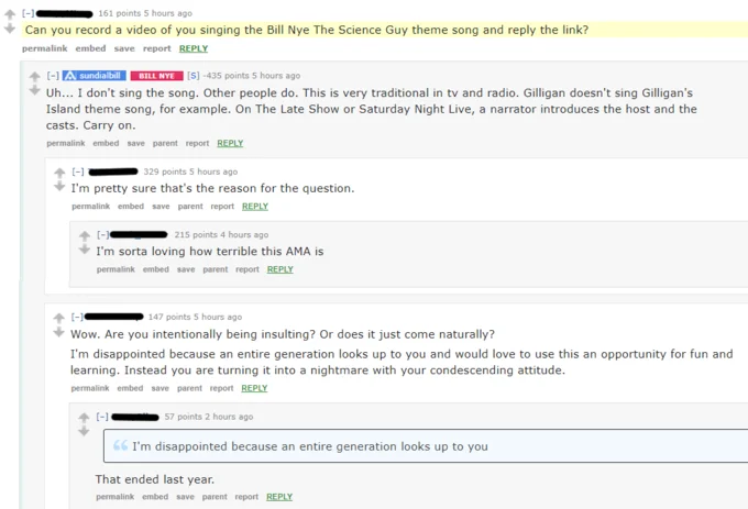 Reddit AMA thread screenshot with Bill Nye refusing to sing the theme song