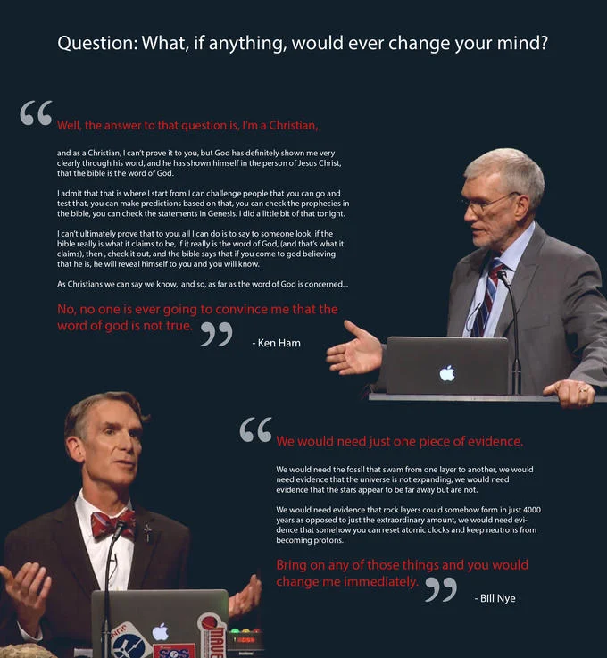 Comparison graphic of Ken Ham and Bill Nye quotes from the creation debate