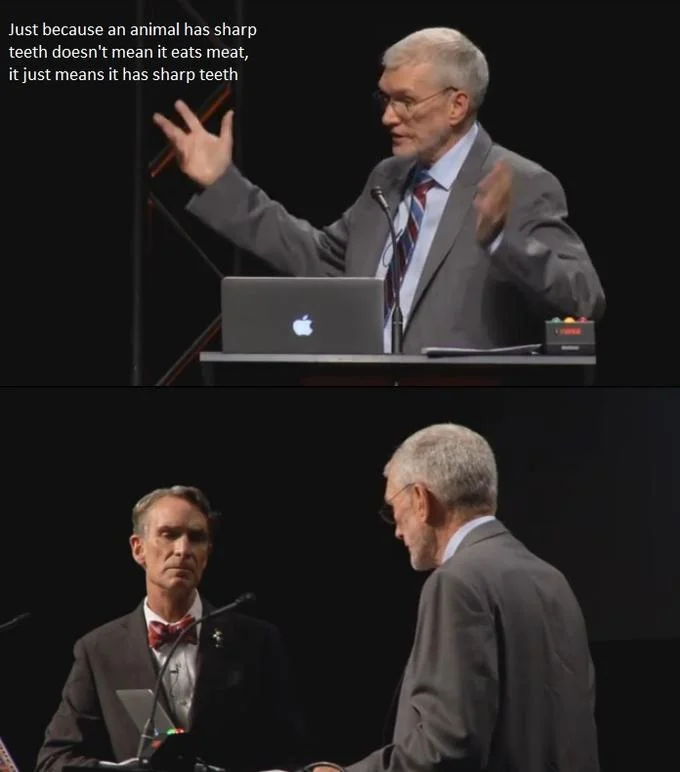 Screenshot of the Bill Nye vs Ken Ham creation debate with a caption about sharp teeth
