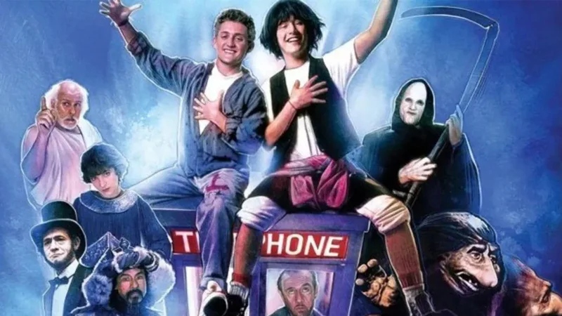 Bill Ted — Bill and Ted movie poster with the two protagonists on a phone booth alongside historical figures and the Grim Reaper