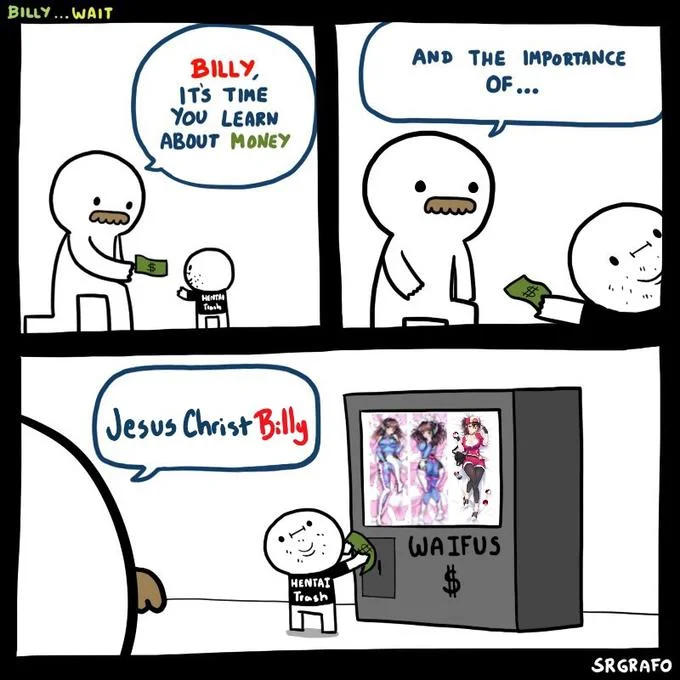 Billy Its Time You Learn About Money — Billy comic variation with hentai trash boy buying from waifus vending machine