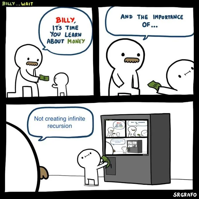 Billy Its Time You Learn About Money — Recursive Billy comic showing the vending machine displaying the same comic
