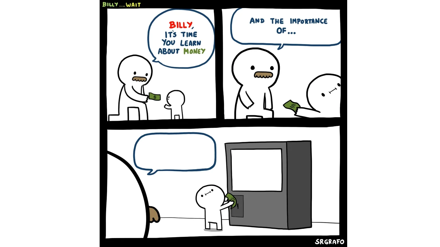 Billy Its Time You Learn About Money — Three-panel SrGrafo comic template with father handing Billy money and a blank speech bubble by a vending machine
