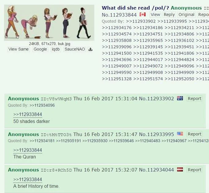 Screenshot of 4chan thread asking what book caused a woman's reverse bimbofication transformation, with replies suggesting various books