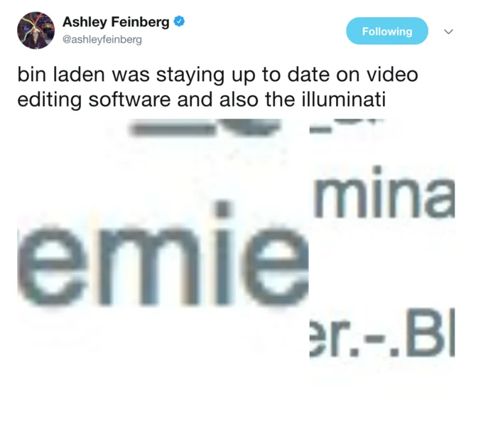 Bin Laden Files — Ashley Feinberg tweet joking about bin Laden using Premiere software and illuminati files