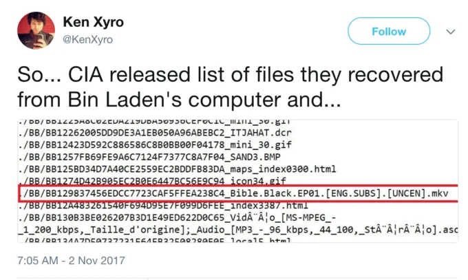 Bin Laden Files — Tweet from Ken Xyro showing list of files recovered from Bin Laden's computer