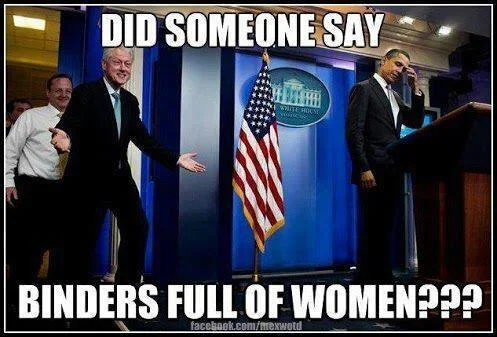 Impact font meme from the 2012 US presidential debate featuring the Blue Room setting where Mitt Romney made the famous 'binders full of women' comment.