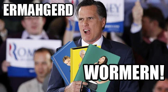 Binders Full Of Women — Meme featuring Mitt Romney visibly holding multiple colored binders with 'Ermahgerd Wormern!' text overlay, parodying the internet 'ER