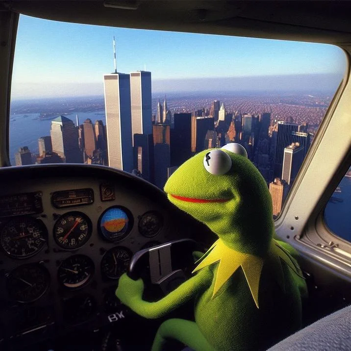 Bing AI Characters Doing 9/11 — Kermit the Frog in a cockpit flying toward the Twin Towers