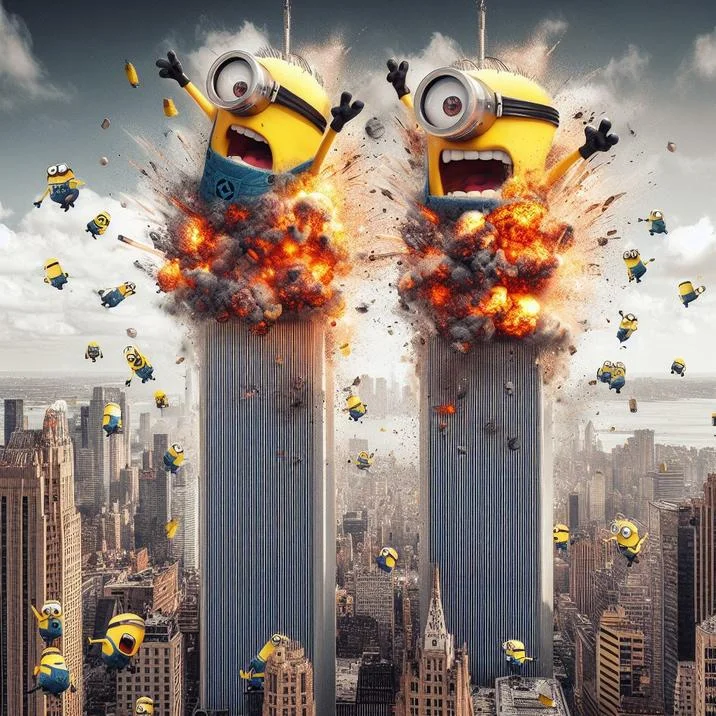 Bing AI Characters Doing 9/11 — AI image showing the Twin Towers depicted as exploding Minions over a New York skyline