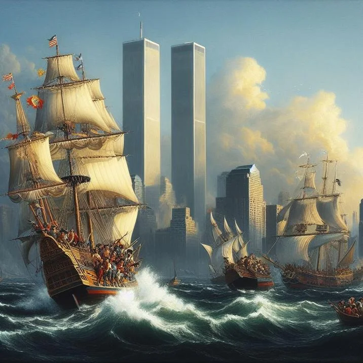 Bing AI Characters Doing 9/11 — Tall sailing ships approaching the Twin Towers in a painted style