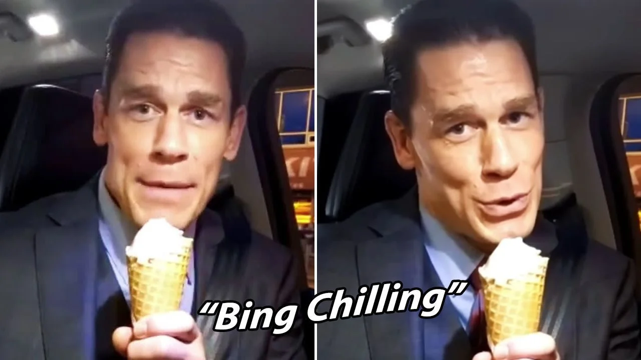 John Cena ice cream scene frames with 'Bing Chilling' text comparison
