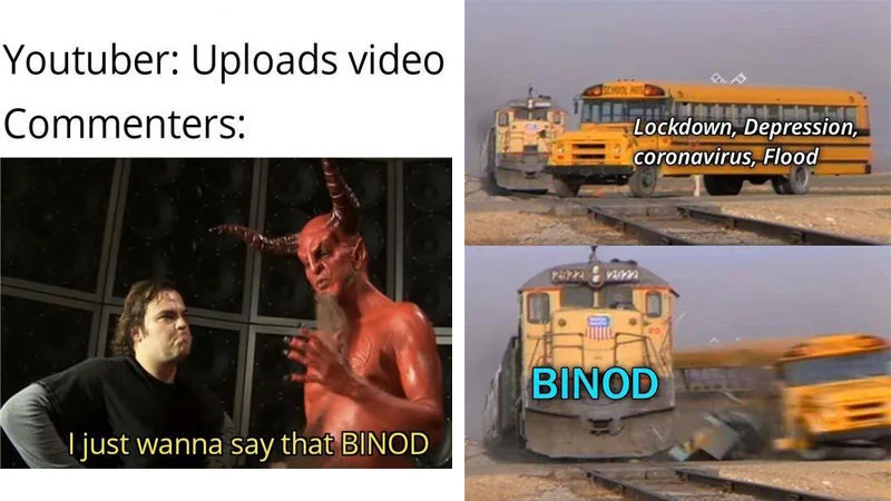 Binod meme collage with Jack Black devil scene and train hitting school bus labeled BINOD