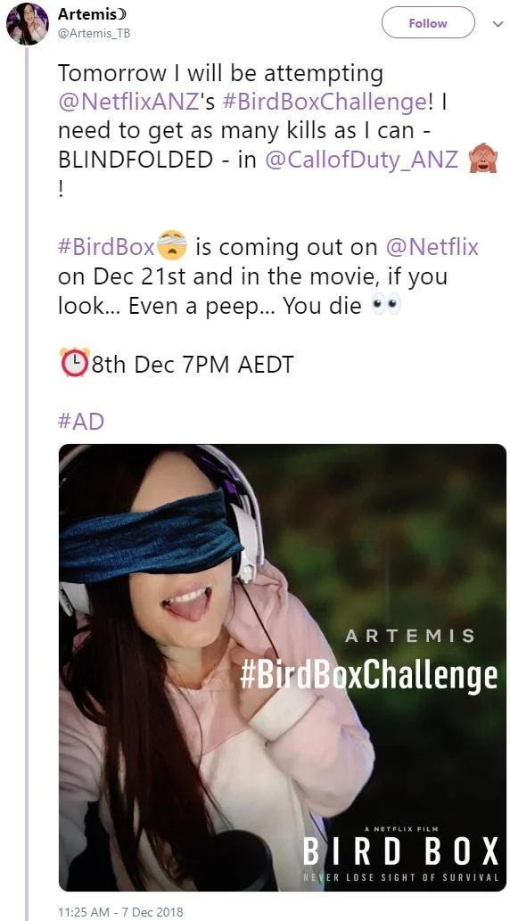 Tweet from @Artemis_TB promoting a Bird Box Challenge Call of Duty stream