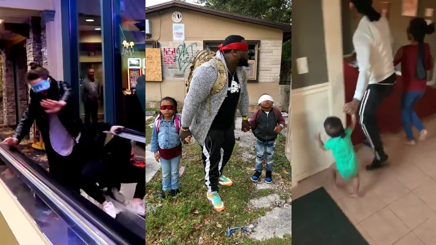 Collage of three scenes of people and children walking around blindfolded for the Bird Box Challenge