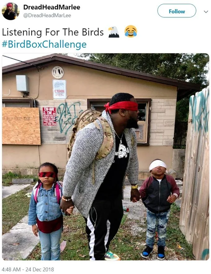 Bird Box Challenge — Tweet with the caption Listening For The Birds showing blindfolded father and children