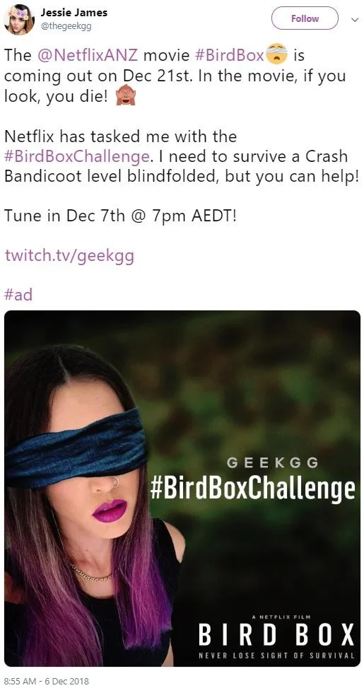Tweet from @thegeekgg announcing a Bird Box Challenge Twitch stream sponsored by NetflixANZ
