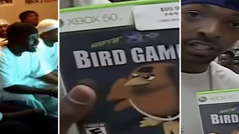 Collage of three video stills from the Bird Game 3 meme showing AI-generated footage of a person holding and presenting a game box labeled 'XBOX 50' and 'BIRD