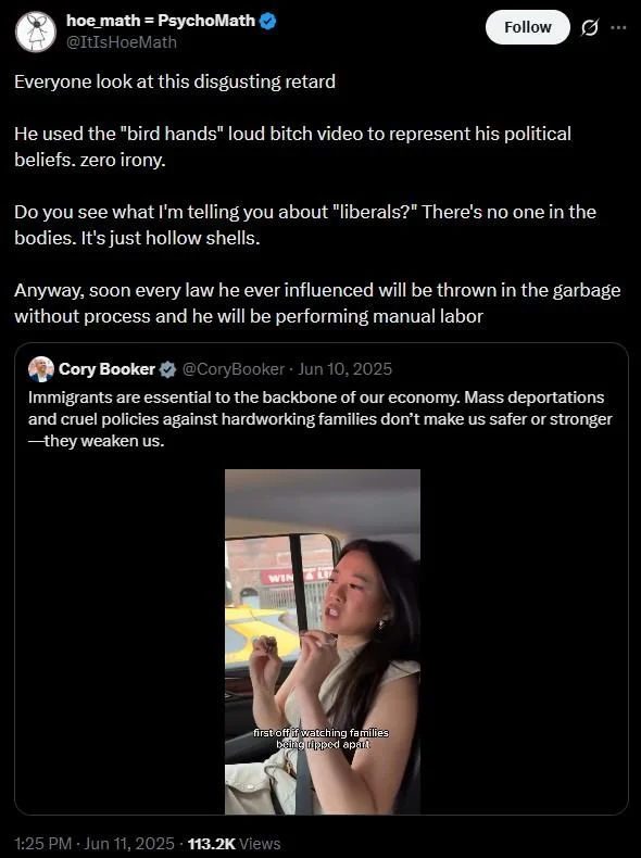 Screenshot of a tweet mocking the bird hands gesture in a Cory Booker quote-tweet about immigration