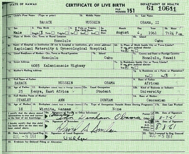 Birther Movement — Barack Obama's long-form Hawaii Certificate of Live Birth from 1961