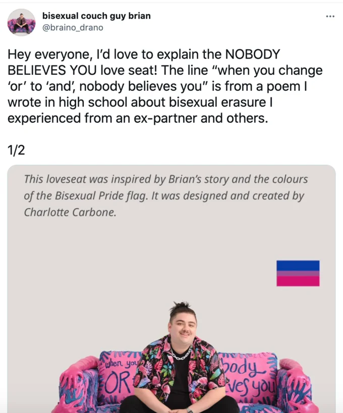 Tweet from Brian explaining the origin of the 'nobody believes you' poem line on the bisexual couch.