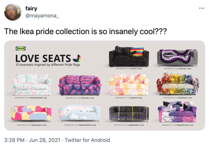 Twitter post displaying IKEA's ten Pride-flag loveseats including the bisexual couch.