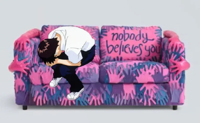 Edit of Shinji Ikari from Evangelion crying on the IKEA bisexual couch.