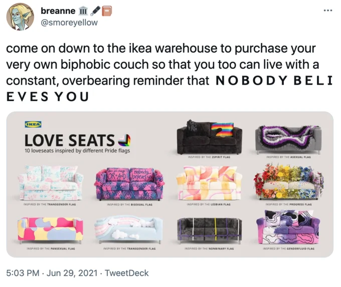 Bisexual Couch — Tweet calling the IKEA bisexual loveseat a 'biphobic couch' with text spaced out dramatically.