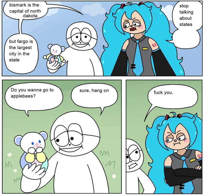 Bismarck Is The Capital of North Dakota — Fan redraw featuring Hatsune Miku and simplistic characters in the Bismarck meme format.