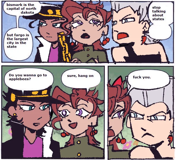 Bismarck Is The Capital of North Dakota — JoJo's Bizarre Adventure fan redraw of the Bismarck meme with Jotaro, Kakyoin, and Polnareff.