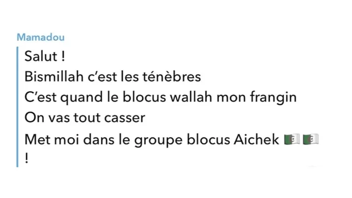 Screenshot of a message from Mamadou containing the phrase 'Bismillah c'est les ténèbres' asking to be added to a school blockade group chat