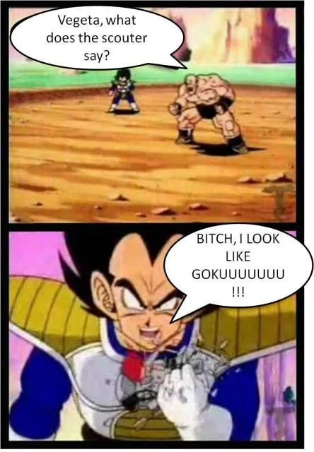 Two-panel Dragon Ball Z meme with Vegeta yelling 'Bitch I look like Goku' as scouter punchline