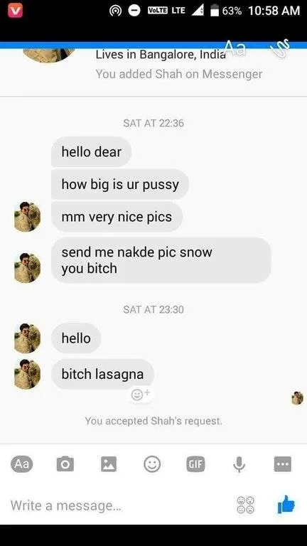 Bobs And Vegana — Messenger screenshot of a creepy DM from a user in Bangalore asking inappropriate questions