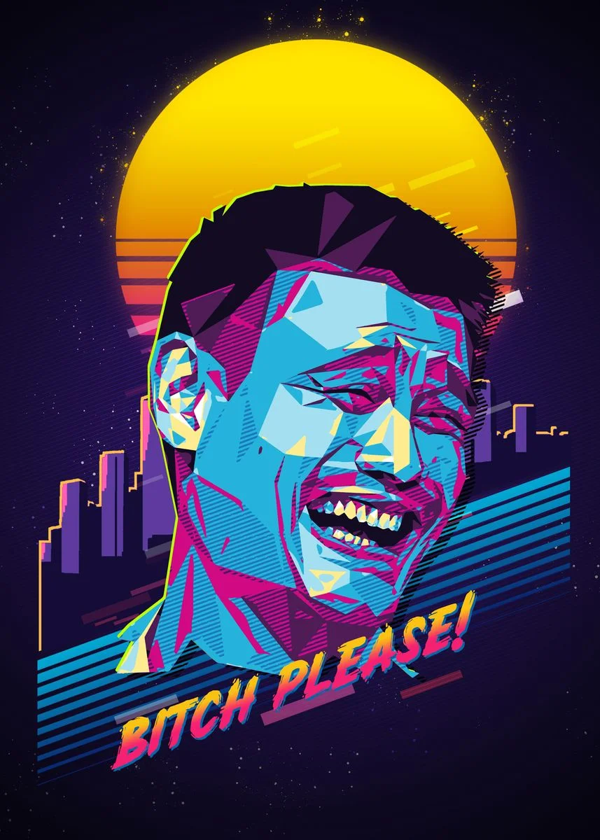 A vibrant neon vaporwave reimagining of the Yao Ming meme featuring bright cyan, magenta, and yellow colors against a purple starfield with 'BITCH PLEASE!' in