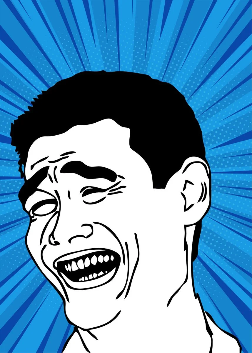Bitch Please — The canonical Yao Ming meme template rendered as a white-on-blue rage comic face with the iconic exaggerated toothy grin and radiating blue