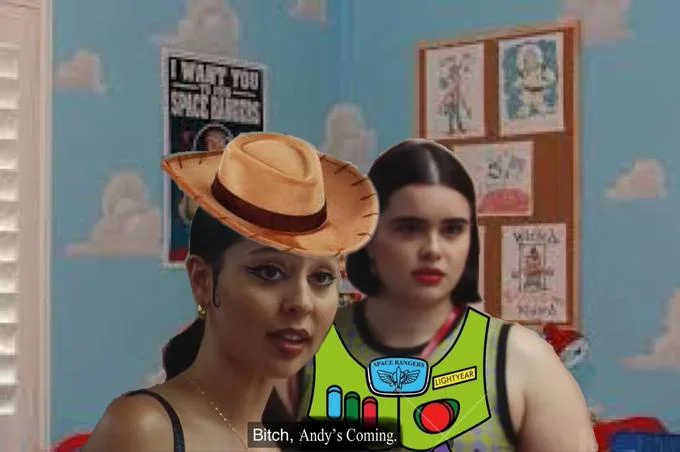 Bitch You Better Be Joking — Heavily edited version showing the scene with cowboy hat and added props, captioned 'Bitch, Andy's Coming' applying the meme to a