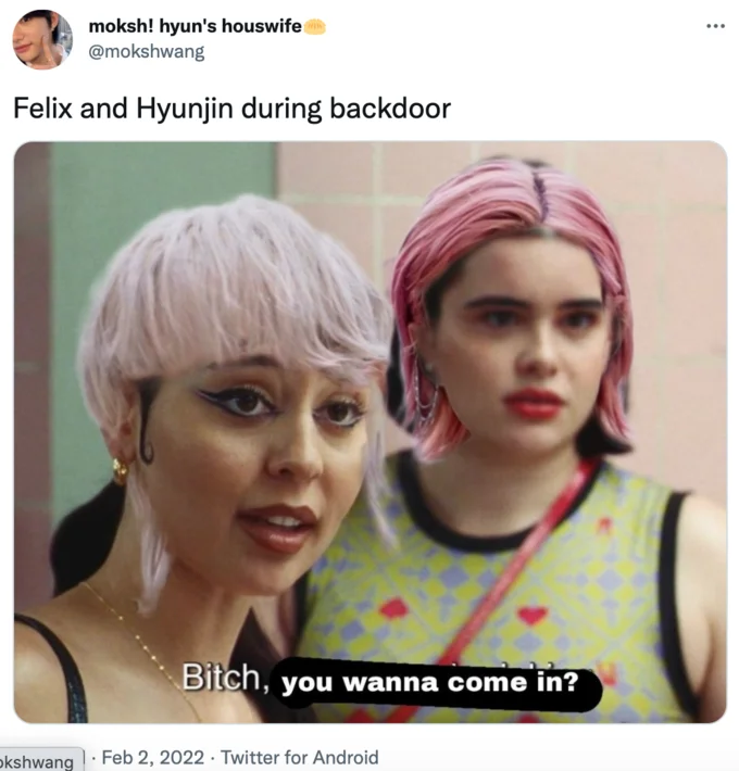Bitch You Better Be Joking — Twitter post showing the meme scene with altered hair colors and K-pop related caption 'Felix and Hyunjin during backdoor' with