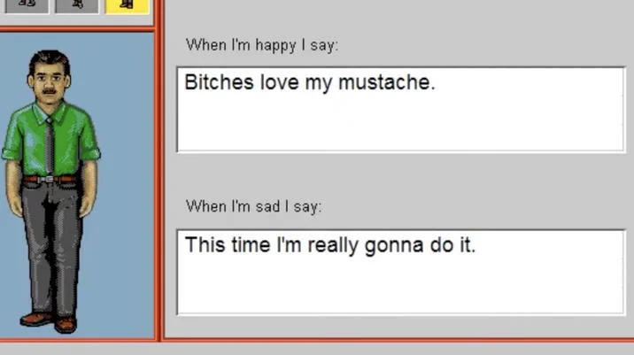 Bitches Love My Mustache This Time Im Really Gonna Do It — Cropped version of the mustache meme showing the pixel avatar and both quote fields