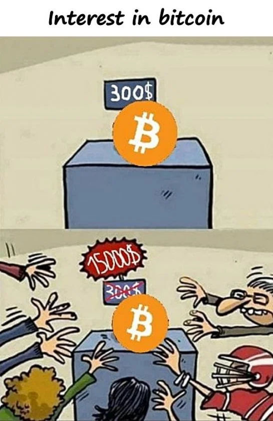 Bitcoin Enthusiast — An illustrated meme showing 'Interest in bitcoin' escalating from calm interest at $300 into cartoon chaos and crowds fighting over