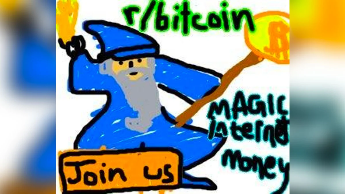The Bitcoin Wizard meme features a blue-robed wizard character conjuring glowing golden coins from a magical wand, with 'r/bitcoin' reference, 'Magic Internet