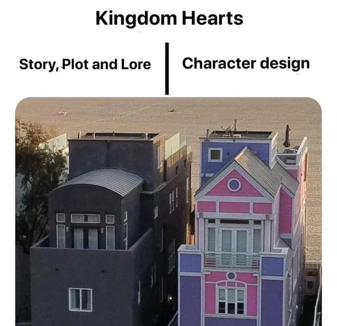 Black and Pink Meme Houses — Kingdom Hearts meme using the pink and black houses to compare plot vs characters