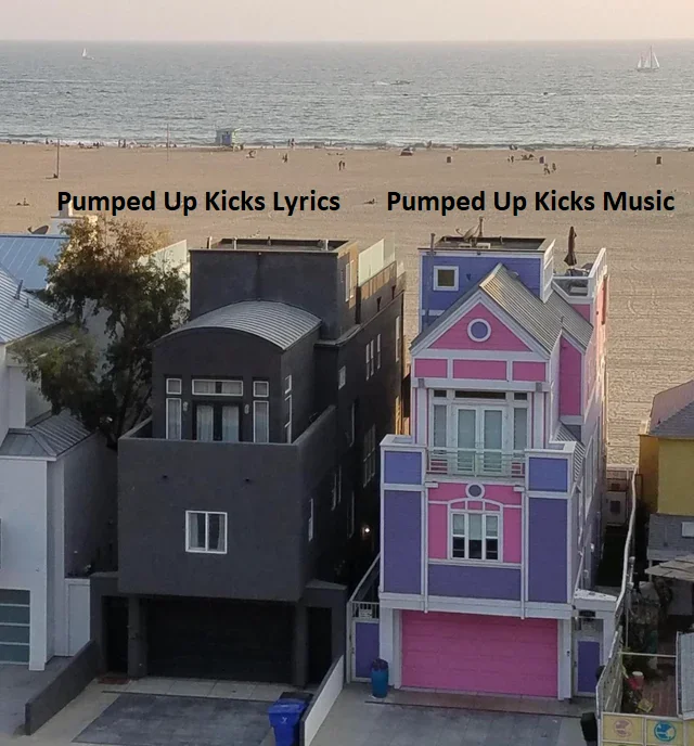 Black and Pink Meme Houses — Pumped Up Kicks meme comparing dark lyrics to upbeat music using the houses