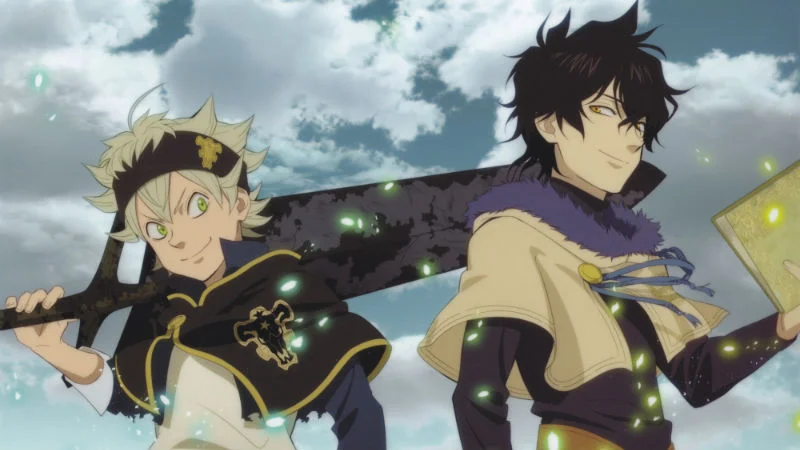 Asta and Yuno from Black Clover anime standing back-to-back with sword and grimoire