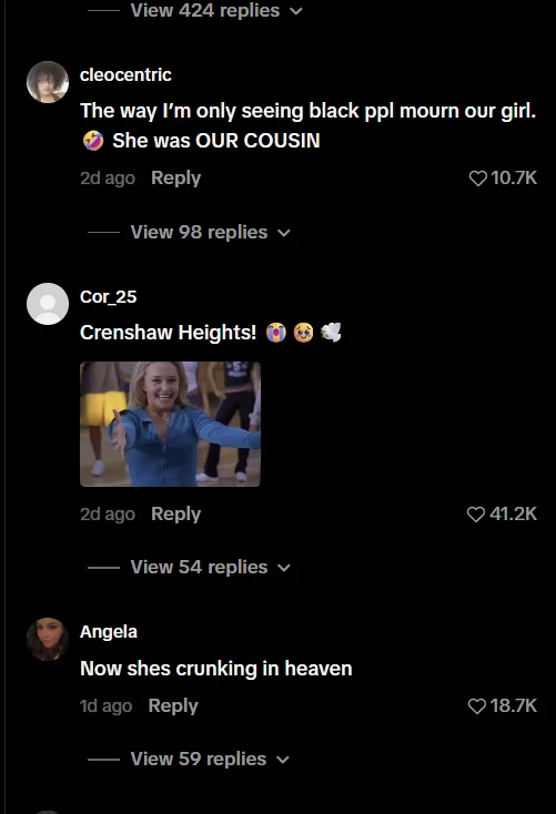 Black Community Reacts to Hayden Panettiere's Death — Screenshot of TikTok comments mourning Hayden Panettiere with nostalgic film references